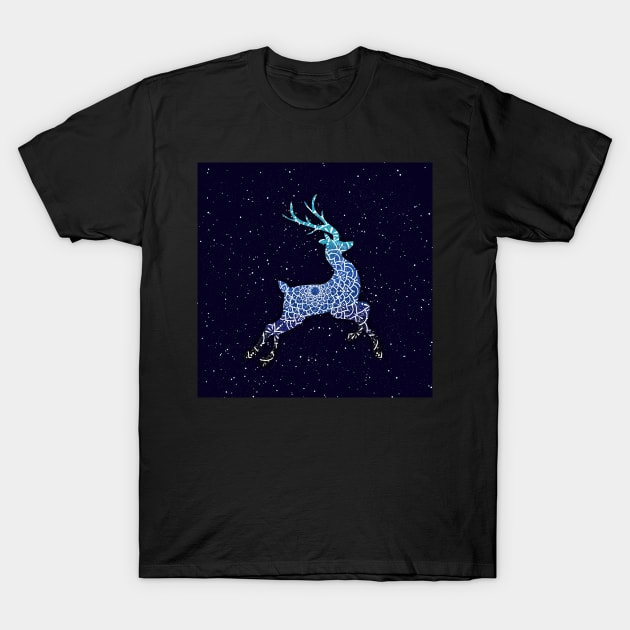 Blue Flying Reindeer Mandala in the Night Sky T-Shirt by MandalaSoul